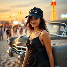 A beautiful, attractive American white girl wearing a black silky sleeping minidress with the name "SVJR" embroidered on her black cap