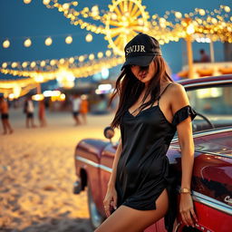 A beautiful, attractive American white girl wearing a black silky sleeping minidress with the name "SVJR" embroidered on her black cap