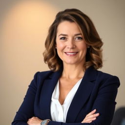 A well-composed professional headshot featuring a confident, middle-aged woman