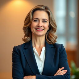 A well-composed professional headshot featuring a confident, middle-aged woman
