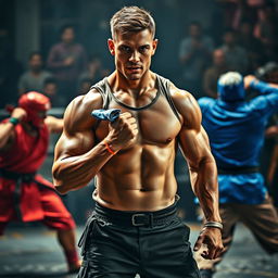 A muscular man standing confidently, holding a rolled-up sleeve, in the midst of an intense fighting scene