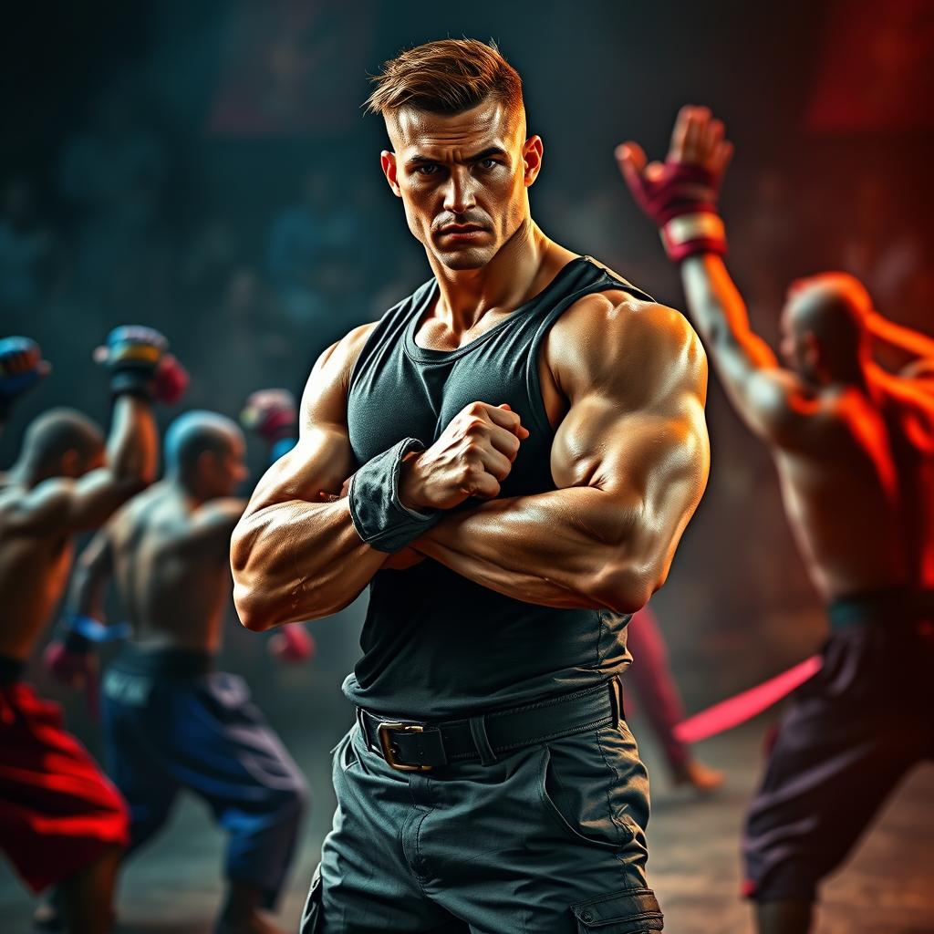 A muscular man standing confidently, holding a rolled-up sleeve, in the midst of an intense fighting scene