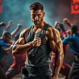 A muscular man standing confidently, holding a rolled-up sleeve, in the midst of an intense fighting scene