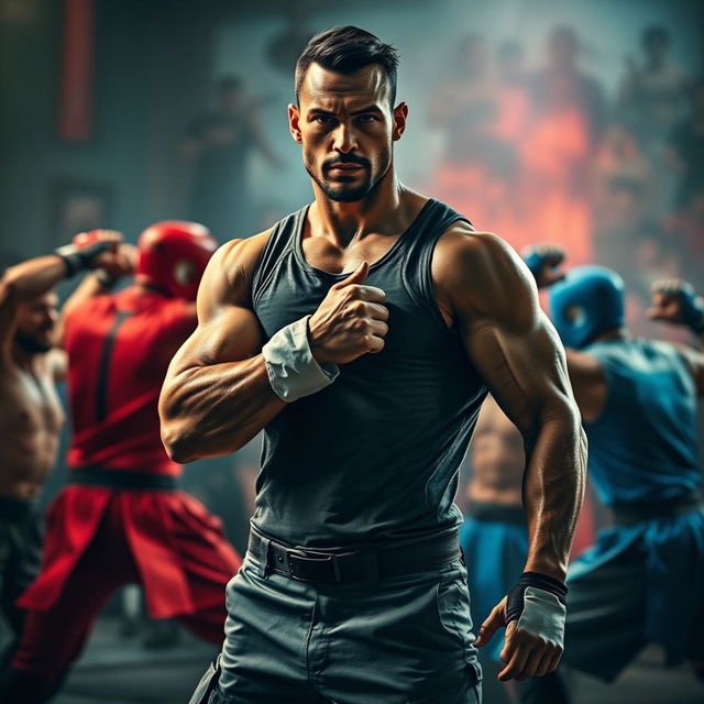 A muscular man standing confidently, holding a rolled-up sleeve, in the midst of an intense fighting scene