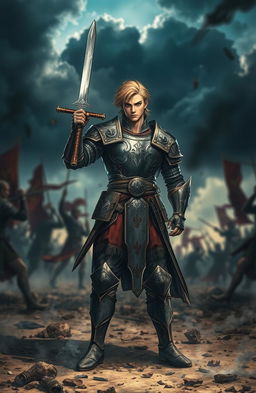 A male warrior character wielding a sword, standing confidently on a battlefield filled with chaos and smoke