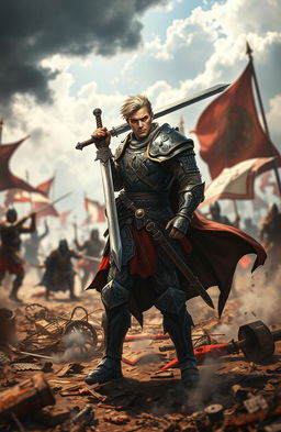 A male warrior character wielding a sword, standing confidently on a battlefield filled with chaos and smoke