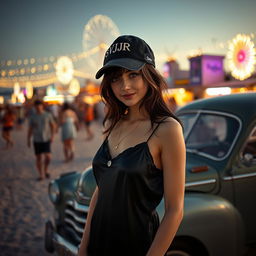 A beautiful, attractive American white girl wearing a black silky sleeping minidress, featuring the name 'SVJR' on her black cap