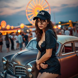 A beautiful, attractive American white girl wearing a black silky sleeping minidress, featuring the name 'SVJR' on her black cap