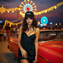 A beautiful, attractive American white girl wearing a black silky sleeping minidress, featuring the name 'SVJR' on her black cap