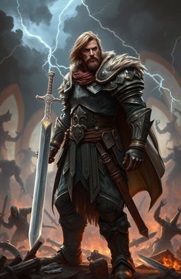 A male warrior standing bravely on a chaotic battlefield, wielding a glimmering sword against shadowy, ethereal creatures from a shadow world