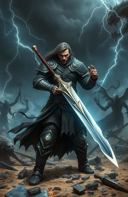 A male warrior standing bravely on a chaotic battlefield, wielding a glimmering sword against shadowy, ethereal creatures from a shadow world