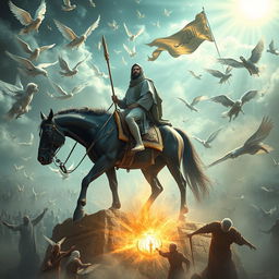 A mystical scene depicting a man resembling Al-Qaim standing on the back of Najaf, appearing powerful and serene