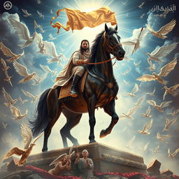 A mystical scene depicting a man resembling Al-Qaim standing on the back of Najaf, appearing powerful and serene