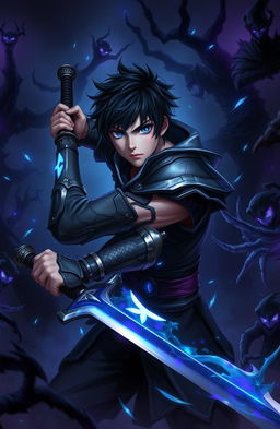 A young male character around 20 years old, wielding a sword, depicted in an intense battle setting against shadowy creatures in a shadow world