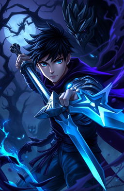 A young male character around 20 years old, wielding a sword, depicted in an intense battle setting against shadowy creatures in a shadow world