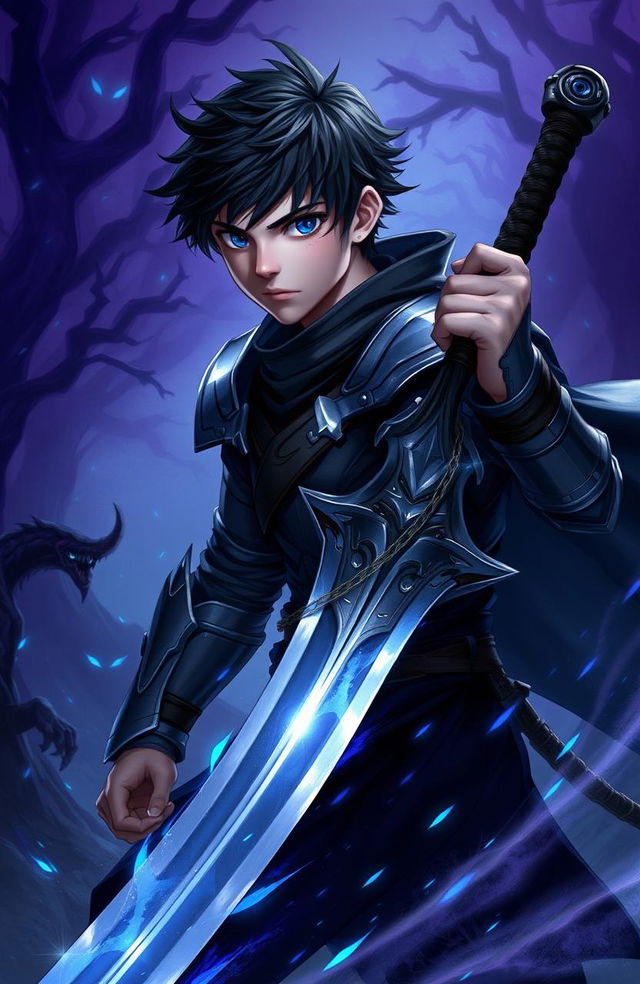 A young male character around 20 years old, wielding a sword, depicted in an intense battle setting against shadowy creatures in a shadow world