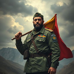 A powerful and solemn portrayal of a Hezbollah martyr, dressed in a military uniform adorned with insignias and carrying a flag