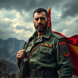 A powerful and solemn portrayal of a Hezbollah martyr, dressed in a military uniform adorned with insignias and carrying a flag