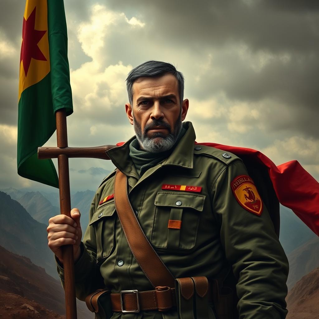 A powerful and solemn portrayal of a Hezbollah martyr, dressed in a military uniform adorned with insignias and carrying a flag