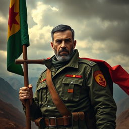A powerful and solemn portrayal of a Hezbollah martyr, dressed in a military uniform adorned with insignias and carrying a flag
