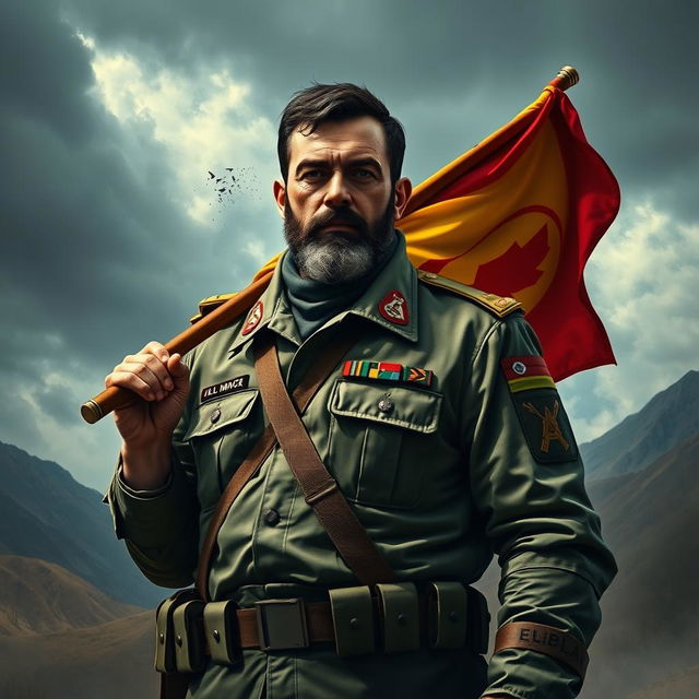 A powerful and solemn portrayal of a Hezbollah martyr, dressed in a military uniform adorned with insignias and carrying a flag