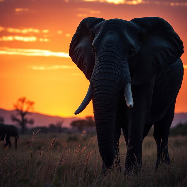 A majestic African elephant standing in the savannah during sunset, with tall grass swaying in the breeze