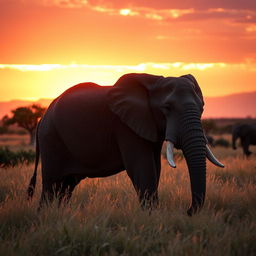A majestic African elephant standing in the savannah during sunset, with tall grass swaying in the breeze