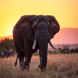 A majestic African elephant standing in the savannah during sunset, with tall grass swaying in the breeze