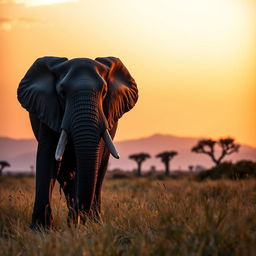 A majestic African elephant standing in the savannah during sunset, with tall grass swaying in the breeze