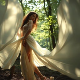 An artistic interpretation of a figure in a natural setting, emphasizing the beauty of the human form and the elegance of movement, surrounded by soft flowing fabrics that suggest a sense of movement and freedom