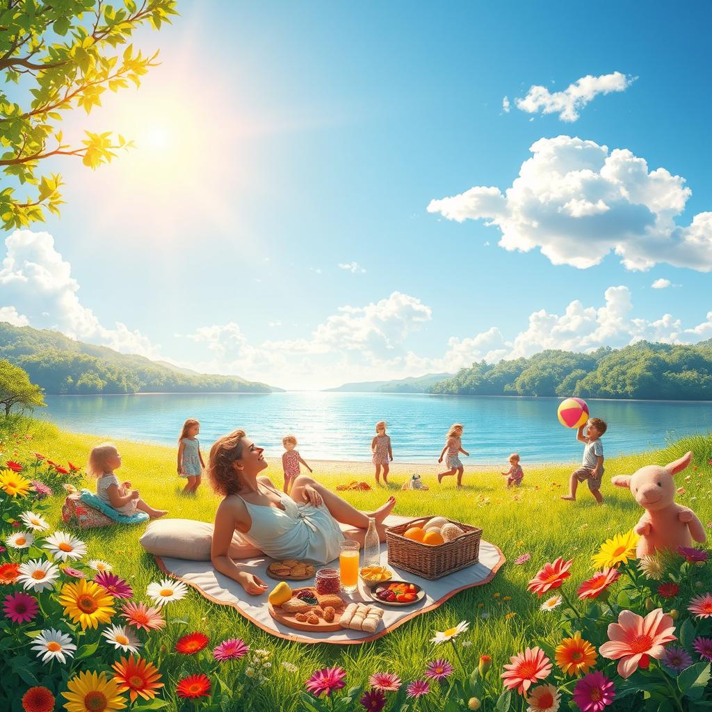 A serene and idyllic scene titled 'The Promises of an Eternal Summer', featuring a sun-kissed landscape filled with lush greenery and vibrant flowers in full bloom