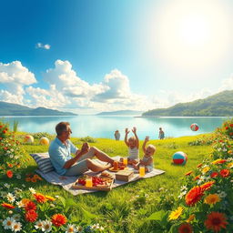 A serene and idyllic scene titled 'The Promises of an Eternal Summer', featuring a sun-kissed landscape filled with lush greenery and vibrant flowers in full bloom