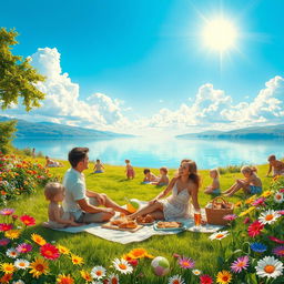 A serene and idyllic scene titled 'The Promises of an Eternal Summer', featuring a sun-kissed landscape filled with lush greenery and vibrant flowers in full bloom
