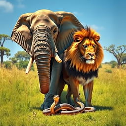 A majestic elephant standing beside a fierce lion, both in a lush savannah setting