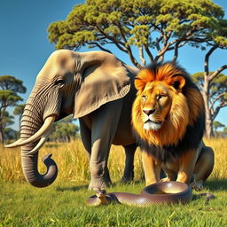 A majestic elephant standing beside a fierce lion, both in a lush savannah setting
