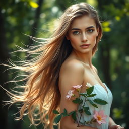 A beautiful, ethereal portrait of a woman standing in a serene natural setting