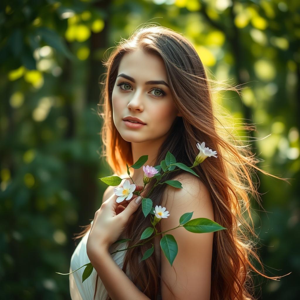 A beautiful, ethereal portrait of a woman standing in a serene natural setting