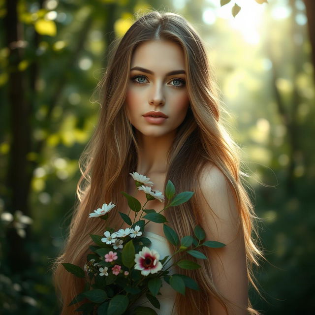 A beautiful, ethereal portrait of a woman standing in a serene natural setting