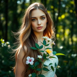 A beautiful, ethereal portrait of a woman standing in a serene natural setting