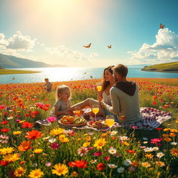 A captivating and serene landscape titled 'The Promises of an Eternal Summer', featuring a warm, sun-soaked field blanketed with colorful wildflowers in full bloom