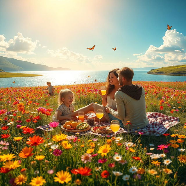 A captivating and serene landscape titled 'The Promises of an Eternal Summer', featuring a warm, sun-soaked field blanketed with colorful wildflowers in full bloom