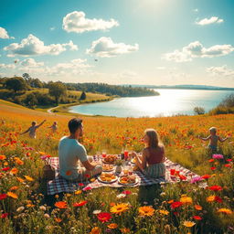 A captivating and serene landscape titled 'The Promises of an Eternal Summer', featuring a warm, sun-soaked field blanketed with colorful wildflowers in full bloom