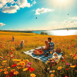 A captivating and serene landscape titled 'The Promises of an Eternal Summer', featuring a warm, sun-soaked field blanketed with colorful wildflowers in full bloom