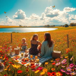 A captivating and serene landscape titled 'The Promises of an Eternal Summer', featuring a warm, sun-soaked field blanketed with colorful wildflowers in full bloom