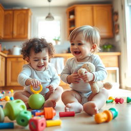 Two adorable babies playing together in a bright and cheerful kitchen