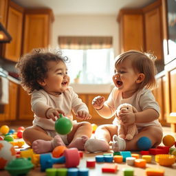 Two adorable babies playing together in a bright and cheerful kitchen