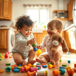 Two adorable babies playing together in a bright and cheerful kitchen