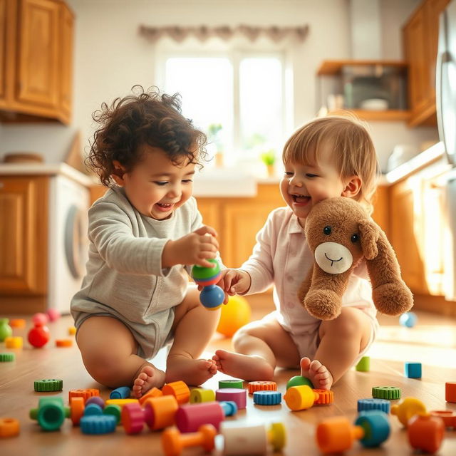 Two adorable babies playing together in a bright and cheerful kitchen