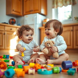 Two adorable babies playing together in a bright and cheerful kitchen