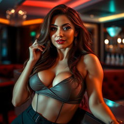 A sexy woman exuding confidence and charisma, wearing a fashionable outfit that emphasizes her curves